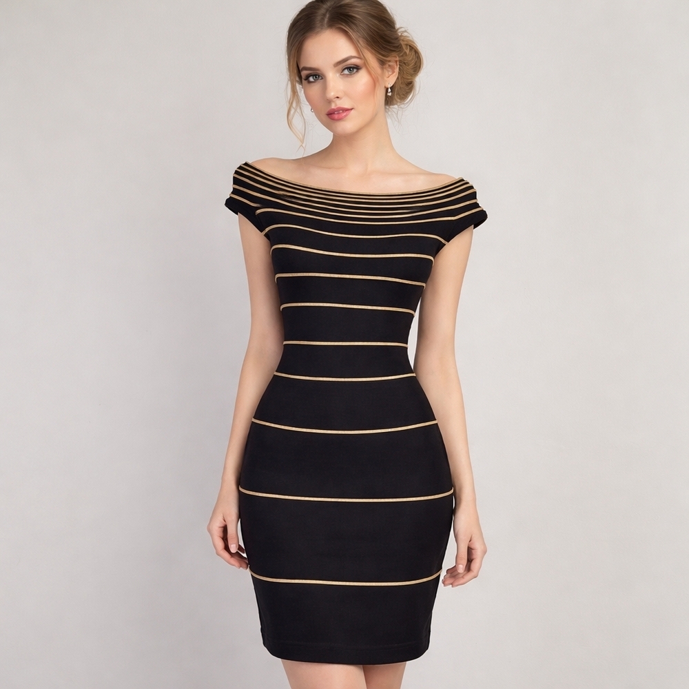 Vintage TADASHI Size XS Black with Gold Piping Off the Shoulder Bodycon Dress